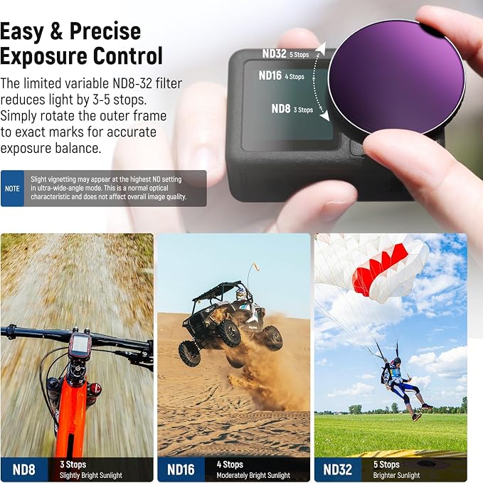 NEEWER ND Lens Filter Accessories Kit Compatible with DJI Osmo Action 5 Pro/4, HD Variable ND8-32 + CPL + Black Diffusion 1/4 for Mist Cinematic Effect + 185° Wide Angle Lens, FL-53 - Image 4