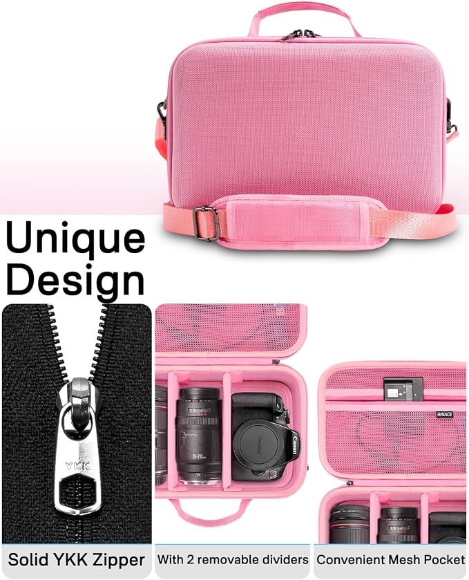RAIACE Hard Carrying Case Compatible with Canon EOS Rebel T7/ T100/ T6/ R100/ R50/ R5/ R7/ R8, for Sony, for Nikon Camera. Large Capacity Camera Bag for Lens, Cables, Cards and Accessories. - Pink - Image 6