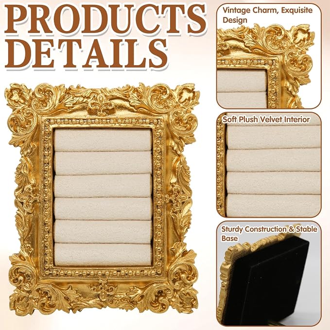 Vintage Gold Ring Frame Holder for Women, 3.94x3.54 In Picture Frame Engagement Ring Organizer Holder with Velvet Cushion, Jewelry Display Stand for Wedding Ceremony, Jewelry Display - Image 3
