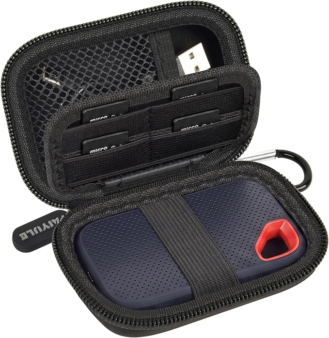 PAIYULE Hard Drive Case for SANDISK Extreme Portable SSD (New Model) | Fits 1TB, 2TB and 4TB SSDs, with SD Card Pocket,Elastic Strap,Mesh Pocket and Carabiner,Not fits for Pro,Case Only Black by paiyule