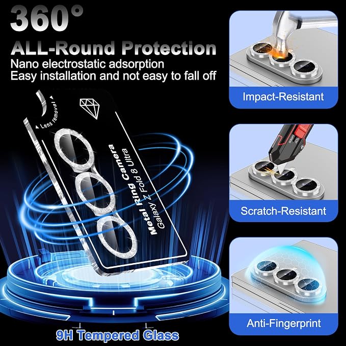 Meshine for Samsung Galaxy Z Fold 8 Ultra Camera Lens Protector,Scratch Proof,Strong Adsorption,9H Hardness with Metal Ring Camera Cover,Case Friendly,Accessories Lens Protector,Glitter Sliver - Image 3