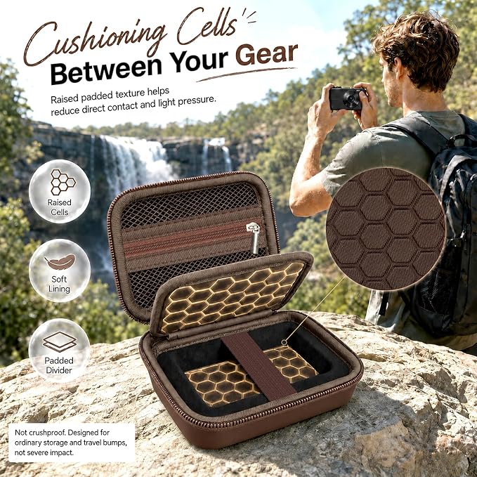 Comecase Camera Case for Kodak PIXPRO FZ55/FZ45, Coffee Brown | Hard EVA Shell, Padded Divider and 2 SD Card Slots Organize a Compact Camera, Charger and Cable for Travel, Case Only - Image 3