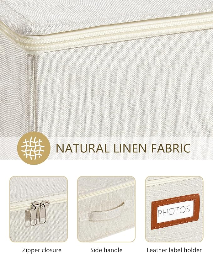 HULISEN Photo Storage Box, Photo Organizer for 2000 4x6 Pictures, Beige | Linen Keepsake Box with Zipper Lid & 8 Dividers, Label Cards Included, Mesh Pocket for Larger Prints, Family Memory Storage - Image 5