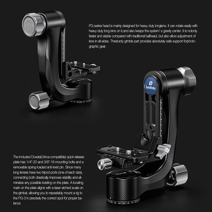 Leofoto Camera Gimbal Head, Carbon Fiber Adjustable Gimbal Head with 360° Rotation Shooting, Arca-Swiss Clamp and 3/8"-16 Mounting Hole for Camcorder/Telephoto, Max Load to 25kg/55.12lb (PG-3-Black) - Image 3