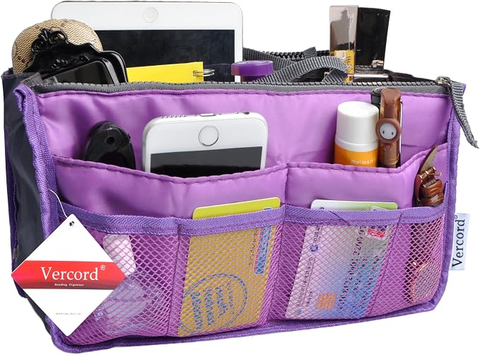 Vercord Purse Organizer Insert for Handbags Bag Organizers Inside Tote Pocketbook Women Nurse Nylon 13 Pockets Purple Medium - Image 2