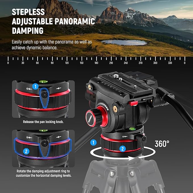 NEEWER 74" Video Tripod with Adjustable Damping Fluid Head, TP75 | Metal, Heavy Duty, Dual-Mode QR Plate, Compatible with DJI RS Gimbals, Flexible 360° Pan, +90°-75°Tilt, Max Load 22lb/10kg - Image 2