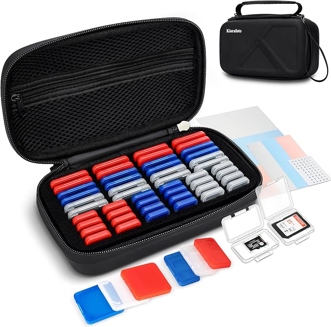 EVA PU Memory Card Case with 48PCS Clear Plastic Memory Card Holder for 24 SD SDHC SDXC & 24 TF MSD Cards,Dual-Protect Water-Resistant Anti-Shock MicroSD SD Card Carrying Organizer with Label by Kiorafoto