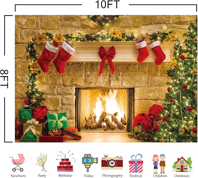 10x8ft Christmas Fireplace Theme Backdrop for Photography | PolyesFabric-Tree Sock Decorations,Xmas Party Supplies,Studio Decor Booth Props,Photo Background Pictures,Wrinkle Free - Image 5