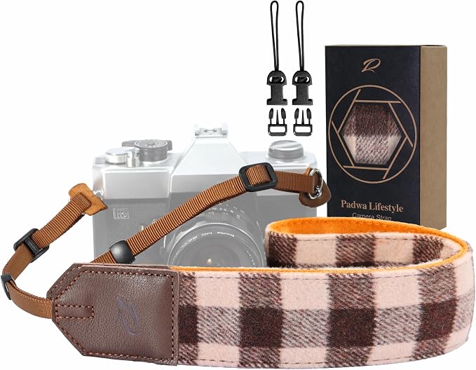 Padwa Lifestyle Camera Strap - 2" Full Grain Leather Ends Camera Straps for Photographers, Unique Vintage Cashmere and Soft Suede Fabric Padded Strap Quick Release fits All Cameras(Beige Coffee Check) by PadwaLifestyleCameraStrap
