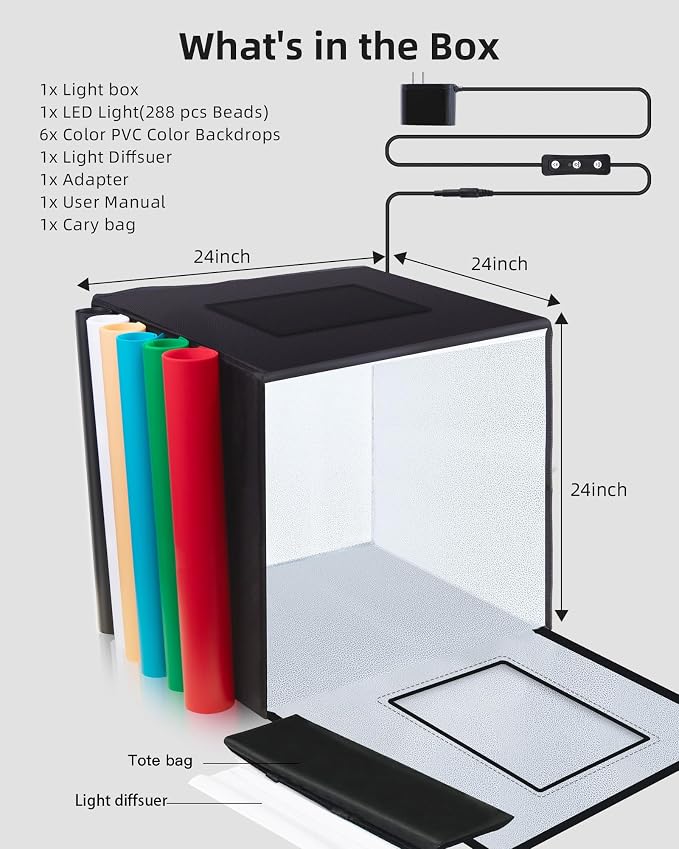 Glendan 24"x24" Light Box Photography, Large Photo Light Box | 288 LED Beads, CRI >95, Professional Portable Photo Booth Shooting Tent Kit with 6 Color Backdrops for Product Photography - Image 7