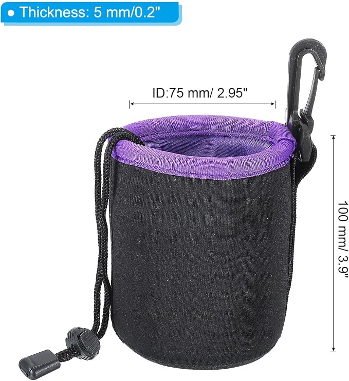 PATIKIL Camera Lens Bag, 2 Pcs 3" ID x 3.9" H Cylindrical Drawstring Lens Pouch with Thick Protective Neoprene, Lens Case for DSLR Camera Lens, Water Coffee Cups Black, Purple - Image 2