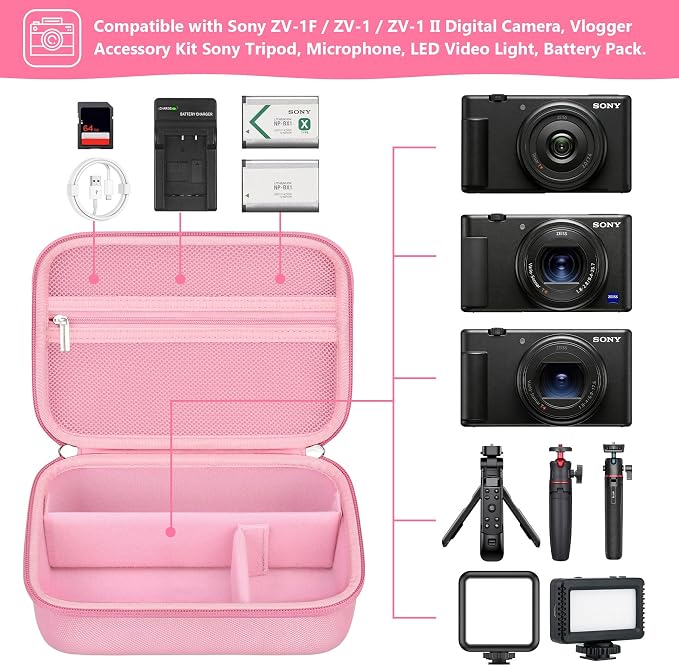 Hard Travel Case for Sony ZV-1F / ZV-1 / ZV-1 II Digital Camera, Protective Cases Bag Fits Vlogger Accessory Kit Tripod, Microphone, LED Video Light, Extra Zipper Pocket fit Battery Pack, Pink - Image 2