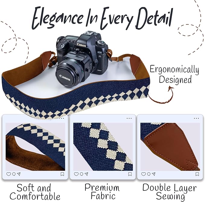 Art Tribute Camera Strap - Shoulder, Crossbody & Neck Camera Strap for Photographers, Fits All Cameras, Canon Nikon Sony Fujifilm, Padded Strap W/Quick Release, Embroidered Cotton & Leather Ends - Image 3
