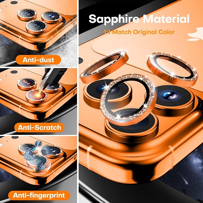 Camera Lens Protector for iPhone 17 Pro Max/17 Pro- Glitter Orange | 9H Tempered Glass, Metal Individual Camera Cover, Accessories, Anti-drop, Case Friendly, HD Clear, Anti-Scratch - Image 3
