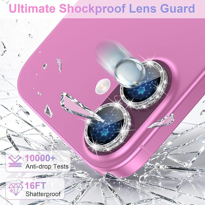 YWXTW [All-Over Glitter Camera Lens Protector for iPhone 17/iPhone 16/iPhone 16 Plus, 9H Tempered Glass Camera Lens Cover, Anti-Scratch Case Friendly(Pink) - Image 3