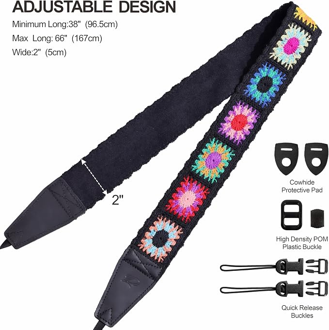 Padwa Lifestyle Colorful Crochet Camera Strap - 2" Full Grain Leather Ends Camera Straps for Photographers, Vintage Embroidered Cotton Soft Suede Fabric Padded Strap Quick Release fits All Cameras - Image 6