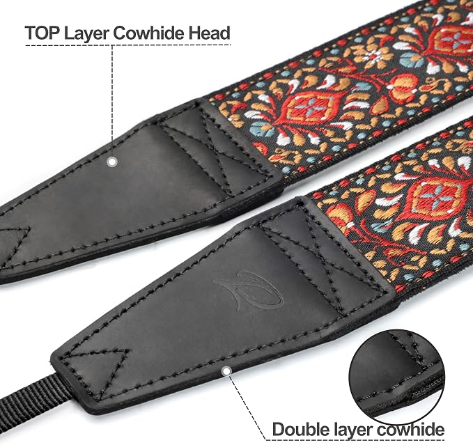 Padwa Lifestyle Red Flower Camera Strap - 2" Full Grain Leather Ends Camera Straps for Photographers, Vintage Embroidered Cotton Weave Soft Suede Fabric Padded Strap Quick Release fits All Cameras - Image 2