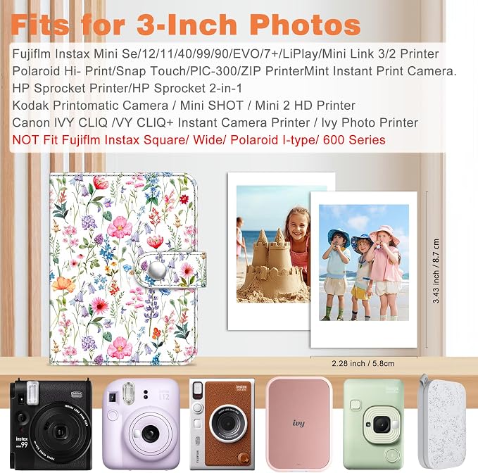 Fintie Mini Photos Album Book for 2x3 Inch Films - 52 Pockets Small Albums | For Fujifilm Instax Mini, Polaroid Hi-Print Pictures, Portable Kpop Photocard Holder, Travel Memory Book, Flower Fantasy - Image 3