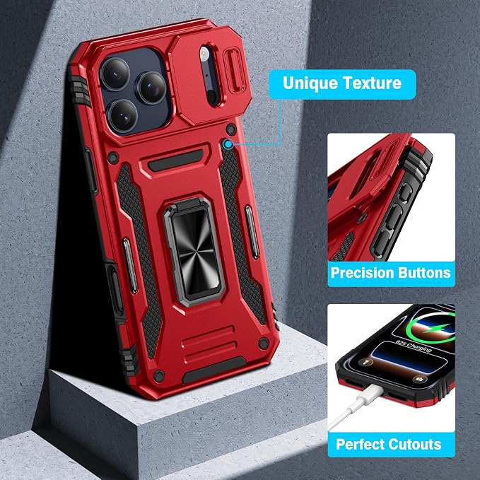 VEGO for iPhone 17 Pro Case with Slide Camera Cover and Kickstand Red | Privacy Screen Protector & Ring Kickstand Military Grade Heavy Duty Protection Cover for iPhone 17 Pro - Red - Image 7