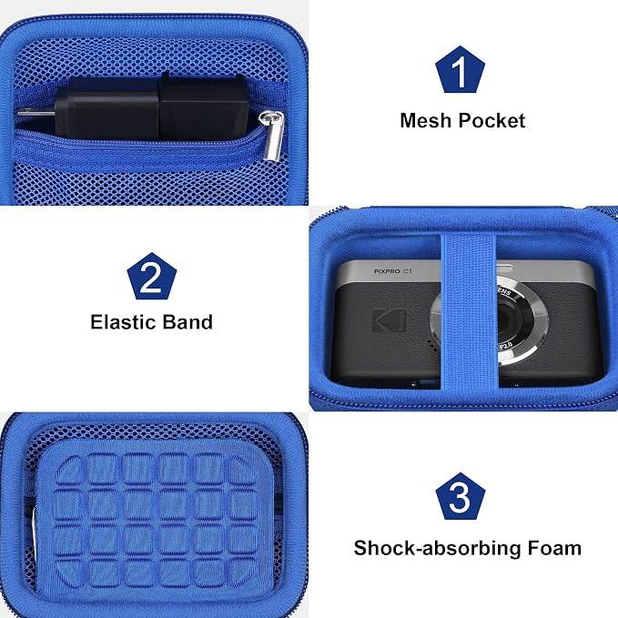Canboc Carrying Case for KODAK PIXPRO C1 Friendly Zoom Digital Camera | For Canon PowerShot ELPH 360 HS A/ 360 HS/ 360/ IXY 650 Digital Camera, Mesh Pocket fit Cable, SD Card, Blue (Case Only) - Image 6