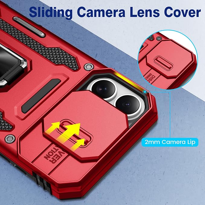 VEGO for iPhone 16 Plus Case with Privacy Screen Protector and Kickstand | Slide Camera Cover and Ring Kickstand Military Grade Heavy Duty Protection Cover for iPhone 16 Plus 6.7 Inch - Red - Image 5