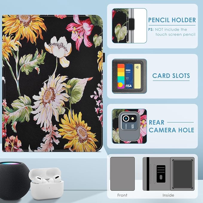 DETUOSI Universal 10.1 inch Tablet Case,Scratch Resistant | For ECOPAD ‎TH-KK12C,URAO X109,Aiprotablet C20e,Folio Leather Protective Cover,2-Angle Viewing Stand,3 Card Slots,Flowers - Image 3