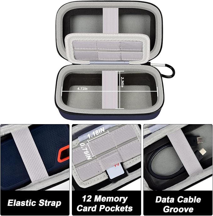 Comecase Dual SSD Case for SanDisk Extreme Portable SSD and Extreme PRO | Holds 2 Drives & 12 SD Cards, Elastic Strap Fit 500GB/1TB/2TB/4TB/8TB, Cable Groove & Carabiner for Travel,Dark Blue,Box Only - Image 3