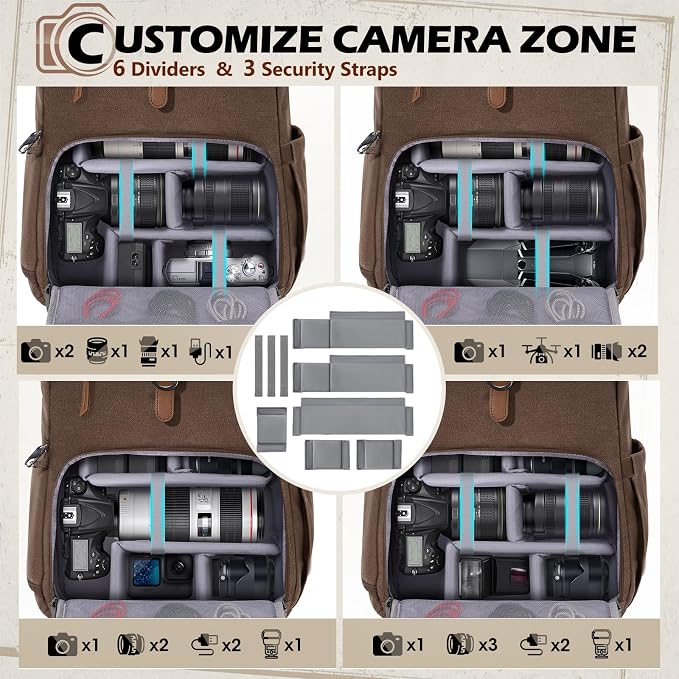 RAINSMORE Camera Backpack, DSLR SLR Mirrorless Camera Bag for Photographer | 15.6 Inch Vintage Canvas Camera Case with Laptop Compartment & Tripod Holder &Rain Cover for Sony Canon Nikon Fujifilm Coffee - Image 3