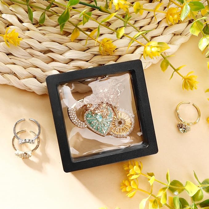 12 Pcs 3D Floating Frame Display Stand, Transparent Jewelry Gift Boxes | 2.75 x 2.75 x 0.8 Inch Small Jewelry Gift Boxes with PE Film, for Earrings Necklaces Rings Coins Specimens Crafts, Black - Image 3