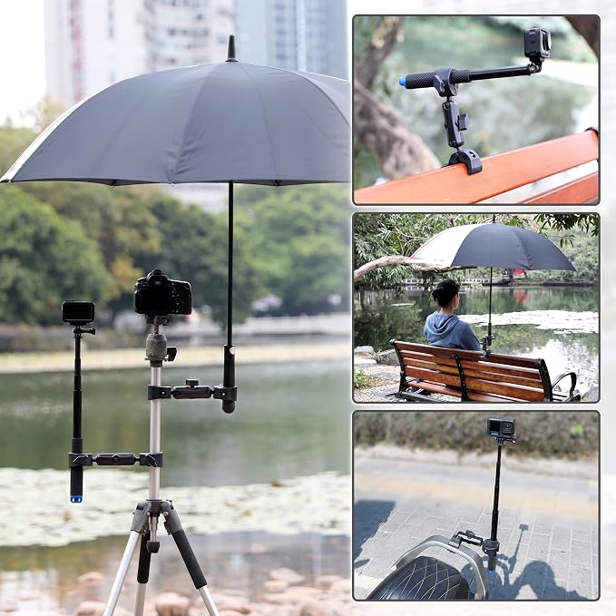 Double Super Clamp Camera Mount Umbrella Clamp for Chair | Umbrella Holder with 360° Ball Head Magic Arm for Stroller/Wheelchair/Beach Wagon/Golf Cart/Pole/Light Stand/Motorcycle - Image 3