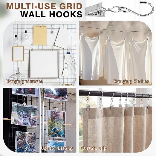 Frienda 25 Pcs Grid Wall Hooks Stainless Steel S Hooks Clips Gridwall Shelf Accessories for Hanging Outside String Lights Picture Photos Drying Clothes Garage Display Retail Art Craft (Silver) - Image 7