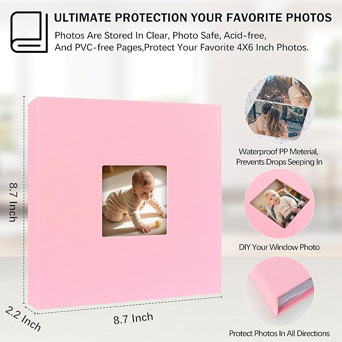 4x6 Photo Album Holds 240 Photos Writing Space, Linen Cover, Pink | Clear Acid-Free Sleeves, Memo Writing Areas, Front Display Window, Baby, Wedding, Travel & Family Picture Keepsakes - Image 3