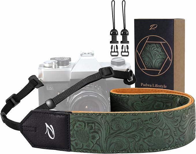 Padwa Lifestyle Camera Strap - 2" Green Faux Leather Carving Camera Straps with Full Grain Leather Ends for Photographers, Vintage Soft Suede Fabric Padded Strap Quick Release fits All Cameras by PadwaLifestyleCameraStrap