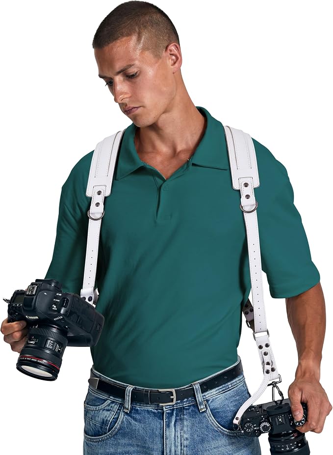Padwa Lifestyle White Dual Camera Harness Strap for Two Cameras - Dual Shoulder Full Grain Leather Harness,Multi Double Camera Gear with Thick Padded,Double Camera Harness for Photographers - Image 3