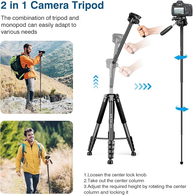 Tripod for Camera and Phone, 72" Tall Camera Tripod Monopod with Remote | Professional Heavy Duty Compact Camera Stand for iPhone, DSLR, Spotting Scope, Telescope, Binocular - Image 4