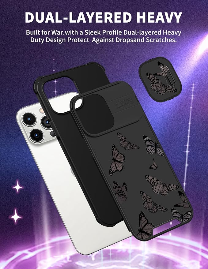 (2in1 for iPhone 13 Pro Max Case for Women Butterfly Girly Phone Cover Cute Black Butterflies Unique Design with Slide Camera Cover Protective Fashion Cases for Apple 13 Pro Max 6.7'' - Image 5