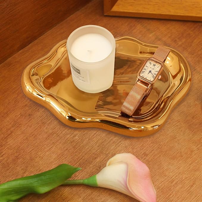 CCINPPY Ceramic Cloud Jewelry Tray Trinket Dish Key Bowl Nightstand Decor | Decorative Small Desk Tray Jewelry Plate Key Holder Bowl Cute Bedroom Room Decor Aesthetic, Gift for Women, Gold Large by CCINPPYJEWELRYACCESSORIES