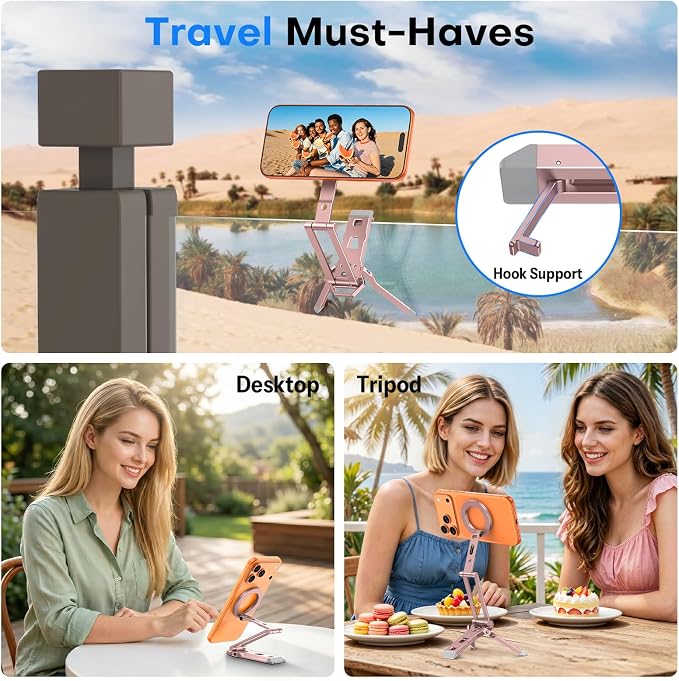 OMOTON TP06-E [3-Adjust] Sturdy Magnetic Phone Tripod for iPhone 17, Pink | Aluminium Phone Stand for MagSafe with Hook 1/4" Screw& Arca, Travel Essentials Gift for Vlog, Creators, Live - Image 3