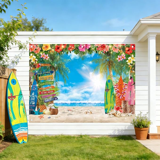 8x6ft Summer Hawaiian Beach Photography Tropical Luau Backdrop | Flower Palm Leaves Background, Aloha Party Supplies, Surfboard Banner, Holiday Photo Booth, Polyester, Grommets, 1PC - Image 2