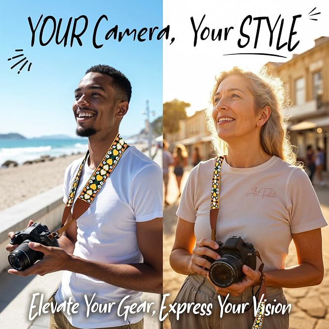 Art Tribute Camera Strap - Shoulder, Crossbody & Neck Camera Strap for Photographers, Fits All Cameras, Canon Nikon Sony Fujifilm, Padded Strap W/Quick Release, Embroidered Cotton & Leather Ends - Image 2
