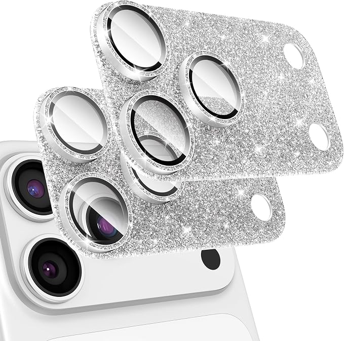 [2 Pack Bling Camera Lens Screen Protector for iPhone 17 Pro with 9H Tempered Glass Aviation Aluminum Plate Cover Metal Ring,Night Circle,No Bubble,HD Clarity,Easy Installation-Glitter Silver by Uniwit
