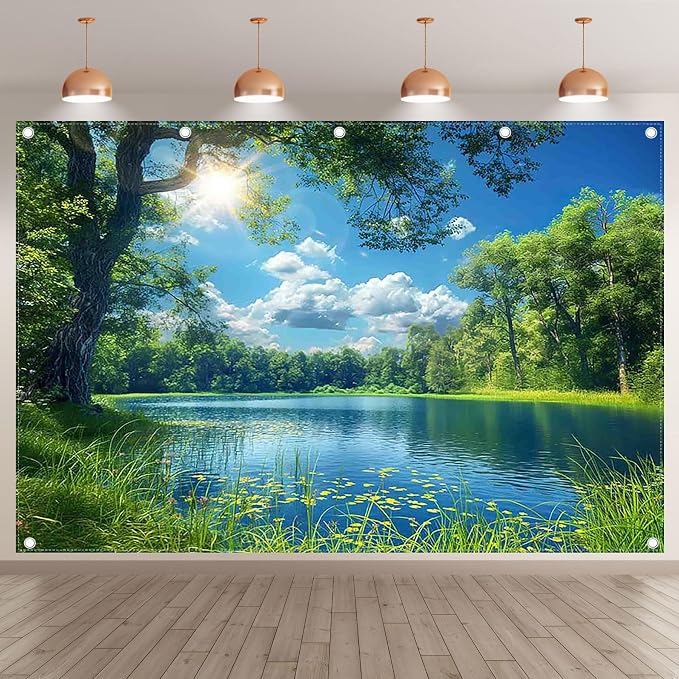 Fabric 12x8ft Lake Natural Scenery Backdrop River Camp Banner | Mountain Forest Tree Blue Sky Bokeh Photography Background, Picnic Hiking Party Decorations, Spring Outdoor Photo Props - Image 2