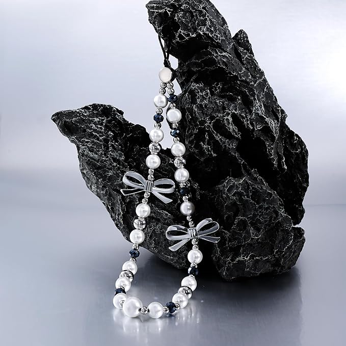 Cell Phone Charm Strap Pearl Beaded Elegant Dark Crystal Camera Lanyard Wrist Luxury Aesthetic Cute Chain Bracelet Handmade Chic Wristlet Accessories for iPhone Samsung Women Girls Silver Bow Faux - Image 4