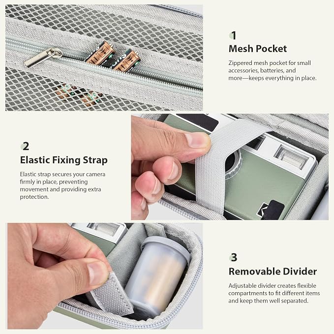 Film Camera Case for Kodak EKTAR H35 H35N Half Frame Film Camera | Camera and 35mm Film Rolls Storage, Mesh Pocket for Small Accessories, Travel and Home Organization; Slim, Green, Case Only - Image 3