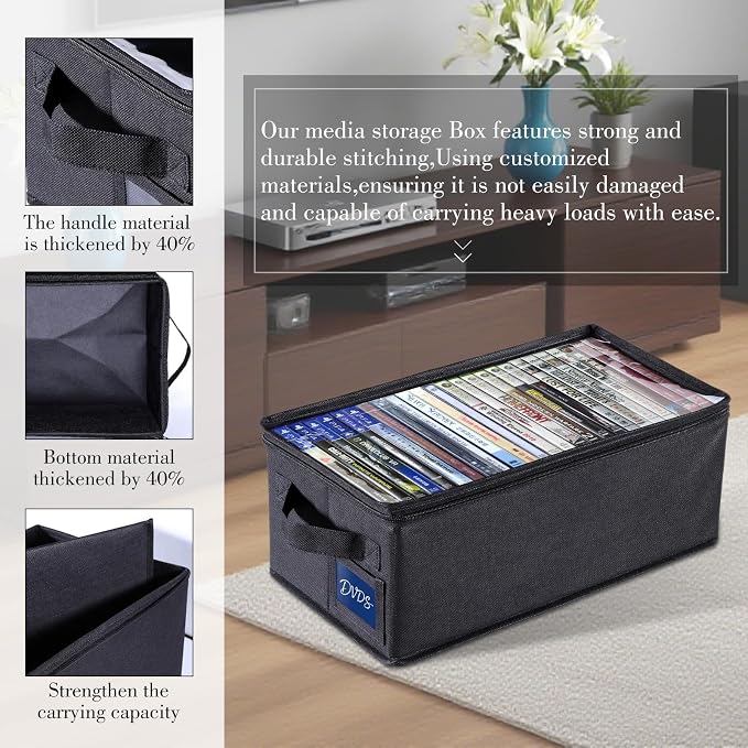 CCidea DVD Storage Box with Clear Window - 15.75" Foldable Media Organizer, Premium Zipper Closure, Holds 27+ DVDs, Dustproof Non-woven Fabric, Reinforced Handles & Label Slot (2) - Image 5