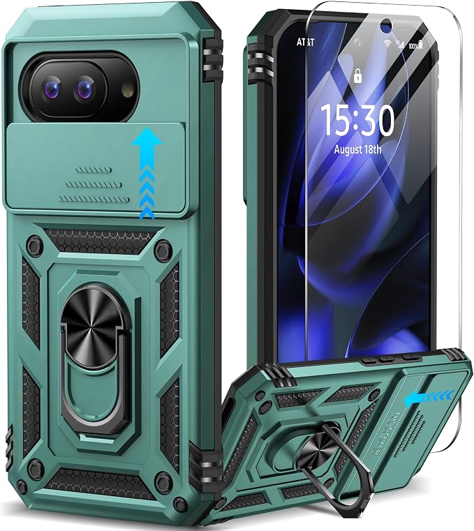 Taisairu for Google Pixel 9A Case with Screen Protector & Slide Camera Lens Cover,Built-in 360°Rotate Magnetic Ring Stand Shockproof Protective Phone Case for Google Pixel 9A Case (Green) by Taisairu