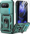 Taisairu for Google Pixel 9A Case with Screen Protector & Slide Camera Lens Cover,Built-in 360°Rotate Magnetic Ring Stand Shockproof Protective Phone Case for Google Pixel 9A Case (Green) by Taisairu