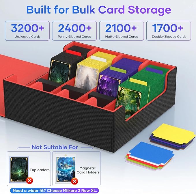 Mlikero Trading Card Storage Box, Bulk Card Storage for 2400+ Sleeved Cards, PU Leather Magnetic Closure Card Organizer with 10 Dividers & 4 Foam Stoppers, Fit for MTG, TCG and Sports Cards (Red) - Image 3