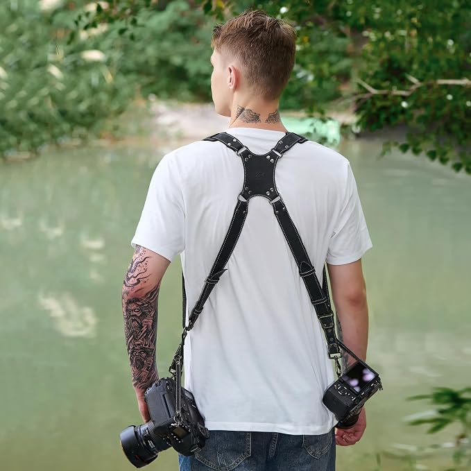 Padwa Lifestyle Black Frosted Dual Camera Harness Strap with Padded for Two Cameras -Full Grain Leather Dual Camera Harness,Multi Camera Gear for DSLR/SLR Strap,Double Camera Harness for Photographers - Image 9