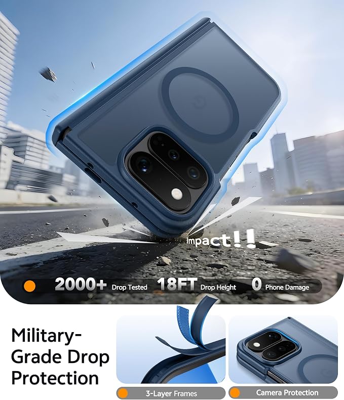 FNTCASE for Google Pixel 11 Pro Fold Case, Hinge Protection, Translucent | Fit for Magsafe, 18FT Military Grade Drop Proof, Protective Tough Phone Cover, Anti Slip, Matte, Blue - Image 3